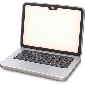 A small 3D Mac laptop with a heart on its screen