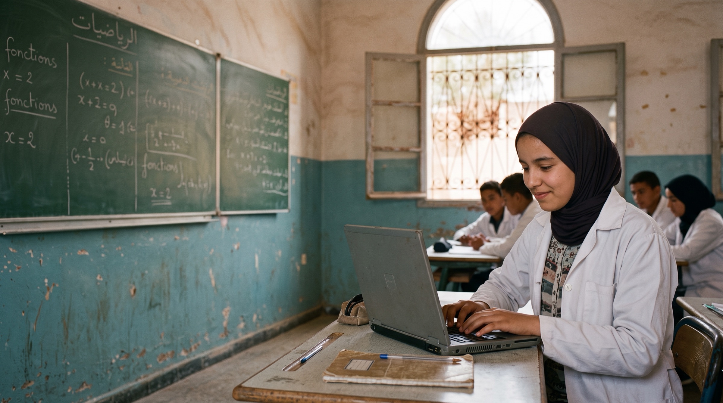 A secondary-school student in a white school coat working on a laptop in a classroom in Morocco